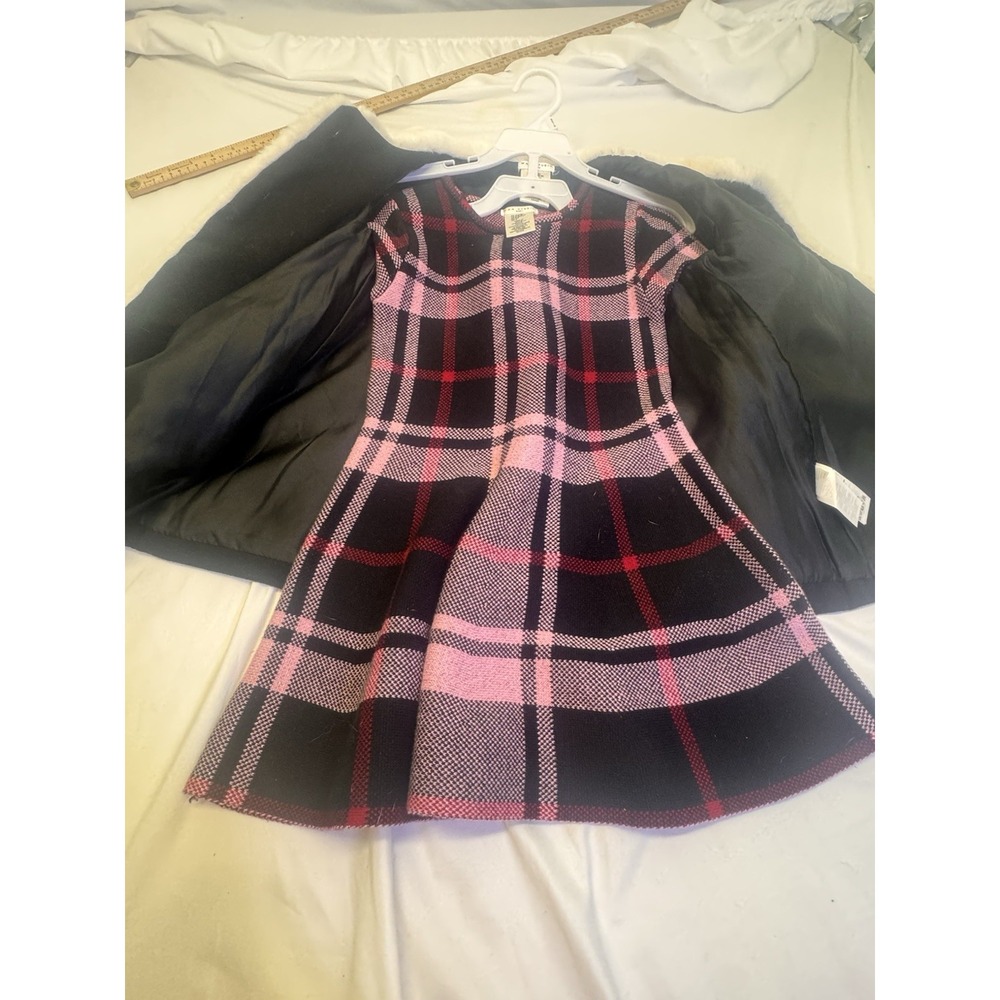 Max Studio Girl 2 Pc Black Dress Coat/Black Pink Plaid Sweater Dress Size 5-6 - Picture 4 of 5